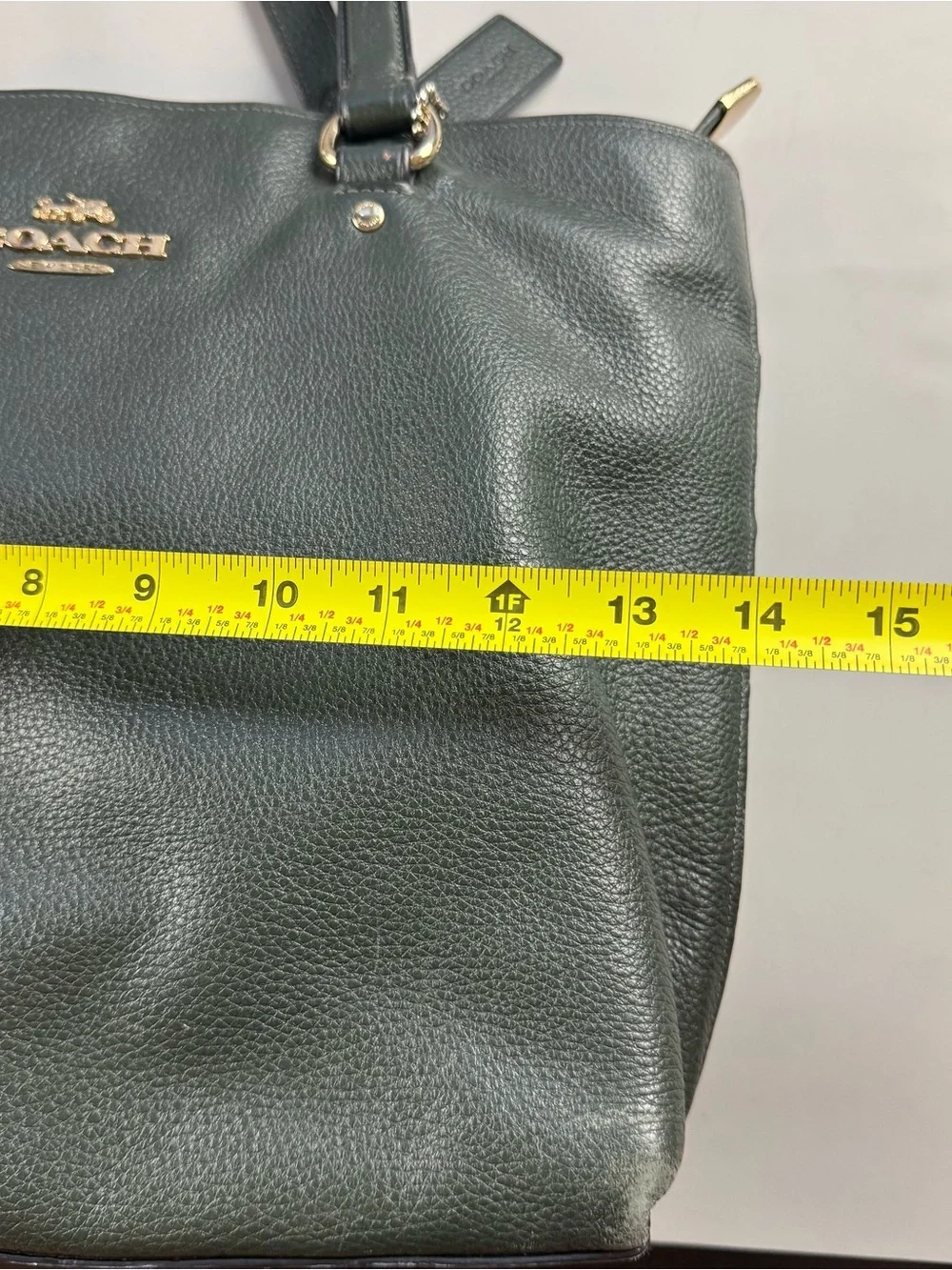 Coach Pebbled Leather Zip Top Tote Shoulder Bag Dark Green Gold Hardware